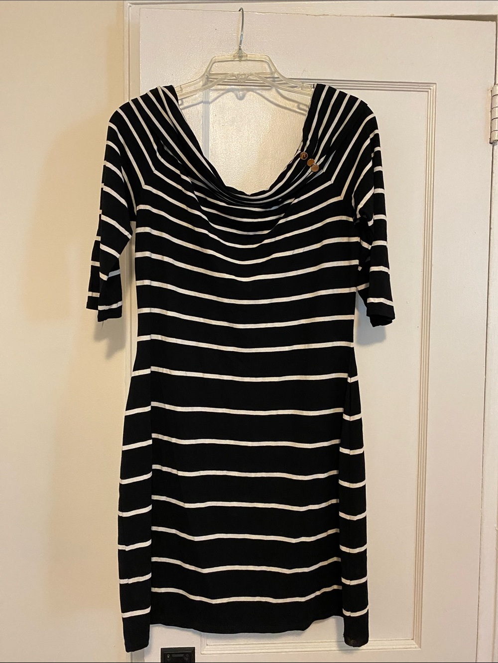 WHBM black and white stripe 1/2 sleeve off the shoulder dress size medium